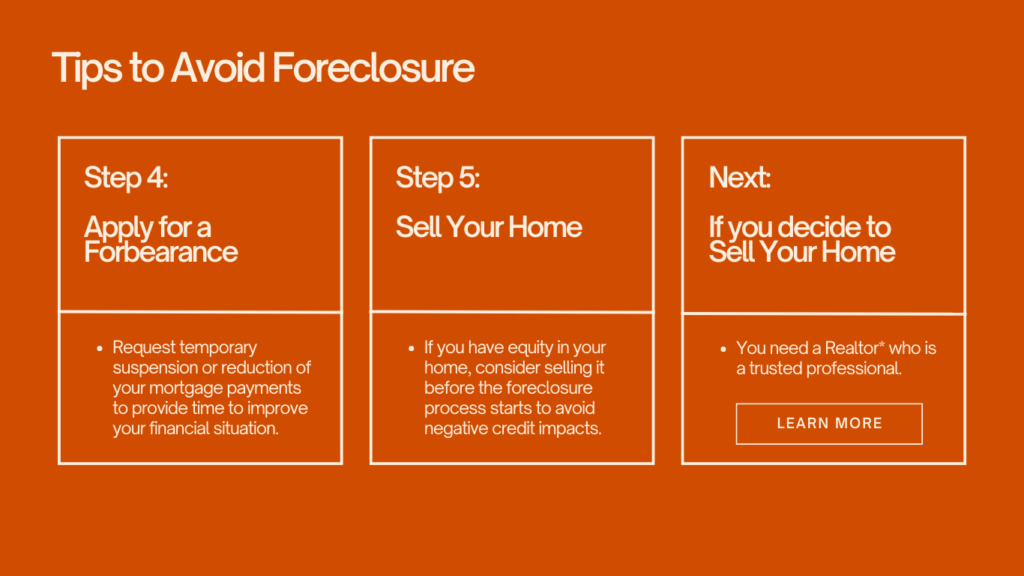 Tips to Avoid Foreclosure process: Apply for a Forbearance
Request temporary suspension or reduction of your mortgage payments to provide time to improve your financial situation.
Sell Your Home
If you have equity in your home, consider selling it before the foreclosure process starts to avoid negative credit impacts.
If you decide to sell your home you need a Realtor who is a trusted professional.
